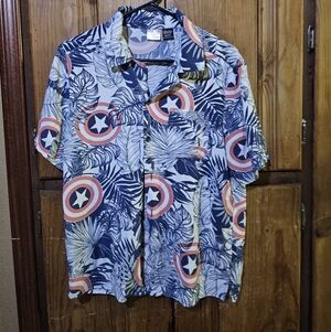 Marvel Captain America Camp Shirt Mens Small Palm Tropical Hawaiian Button Up